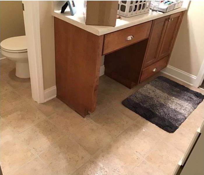 Restored bathroom with a tile floor and rug on the floor