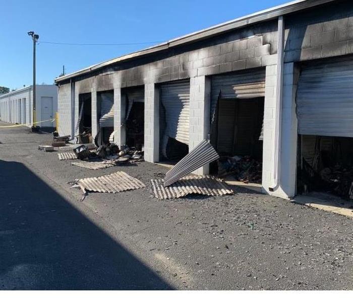 storage units affected from soot after a fire, debris